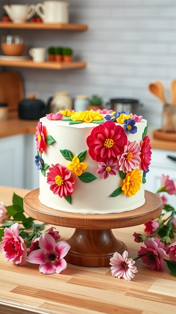 An artistic cake with floral buttercream decoration on a wooden stand in a cozy kitchen.